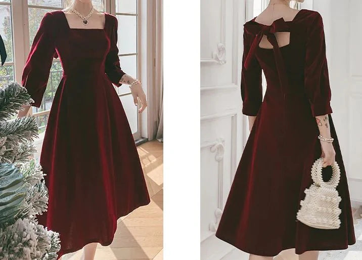 Weitese Formal Women's Dresses Square Necking Burgundy Velvet Prom Dresses A Line Long Sleeves Dress Prom Dresses Stores